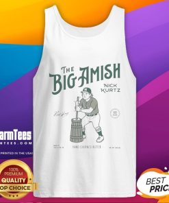 Nick Kurtz wearing an Awesome Big Amish hand-churned butter tank top, showcasing a unique and playful design.