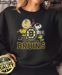 Alt Text: Awesome Peanuts Movie Boston Bruins sweatshirt featuring iconic characters, perfect for hockey fans and movie lovers.