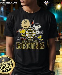 Alt Text: Awesome The Peanuts Movie Boston Bruins T-Shirt featuring Charlie Brown and the Bruins logo in vibrant colors.