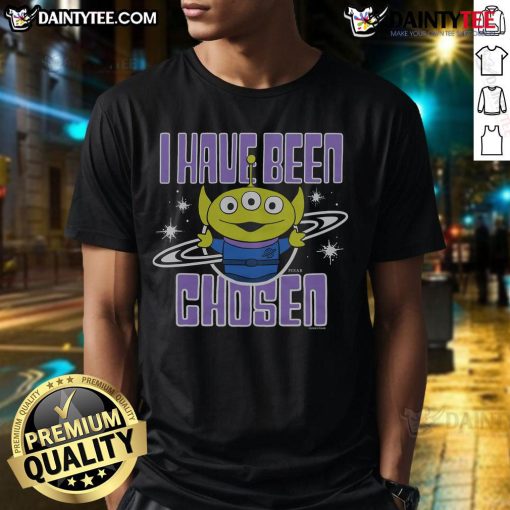 Alt Text: Awesome Toy Story Aliens 'I Have Been Chosen' T-Shirt featuring colorful alien graphics and playful design.