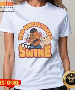 Alt Text: Awesome Toy Story Mr. Potato Head 'You Uncultured Swine' Ladies Tee featuring a colorful design and playful text.