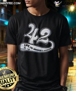 Awesome Whale 42 Life The Universe & Everything T-Shirt featuring a whimsical whale graphic and vibrant colors.