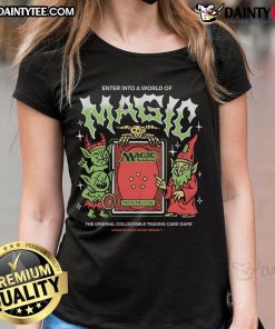 Awesome World of Magic trading card tee for ladies featuring vibrant Magic: The Gathering designs and graphics.