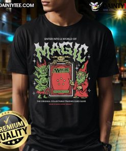 Awesome World Of Magic T-Shirt featuring Magic The Gathering trading cards design, perfect for fans and collectors.