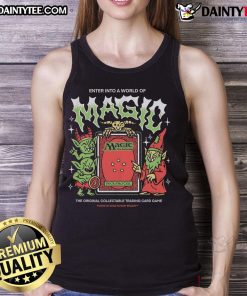 Alt Text: Awesome World of Magic trading card tank top featuring vibrant Magic: The Gathering graphics for fans and collectors.