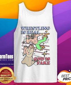 Awesome Wrestling Is Real God Is Fake Tank Top displayed on a mannequin, showcasing bold graphic design and vibrant colors.