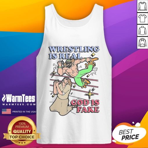 Awesome Wrestling Is Real God Is Fake Tank Top displayed on a mannequin, showcasing bold graphic design and vibrant colors.