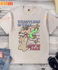 Awesome wrestling is real God is fake washed t-shirt displayed on a hanger, perfect for wrestling fans and casual wear.