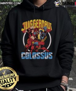 Awesome X-Men Juggernaut vs Colossus hoodie featuring bold graphics of iconic characters in vibrant colors.