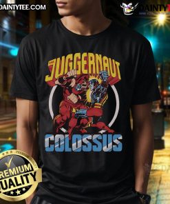 Awesome X-Men Juggernaut vs Colossus T-Shirt featuring vibrant graphics of the iconic Marvel characters in action.