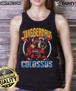 Awesome X-Men Juggernaut vs Colossus tank top featuring vibrant graphics of the iconic superheroes in battle.