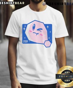 Alt Text: Cute 64 Press Start Nintendo Kirby T-Shirt featuring colorful Kirby design, perfect for gaming fans and collectors.