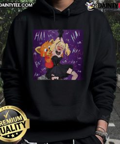 Cute Ani and Rudy tickling their assistants in Grok hoodies, showcasing playful fun and cozy fashion.