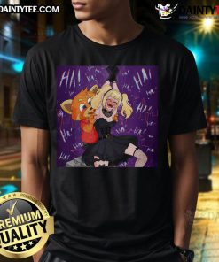 Alt Text: Cute Ani and Rudy tickling assistants graphic on a Grok T-Shirt, perfect for playful, casual wear.
