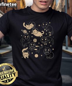 Cute astronaut cats in space on a vibrant t-shirt, perfect for feline lovers and space enthusiasts. Astro Feline design.