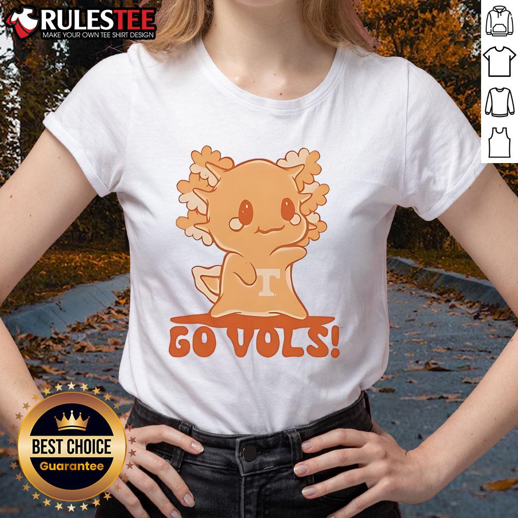Cute Axolotl Go Vol Tennessee Ladies Tee Alt Text: Cute axolotl graphic on a stylish Tennessee ladies tee, perfect for casual wear and axolotl lovers.