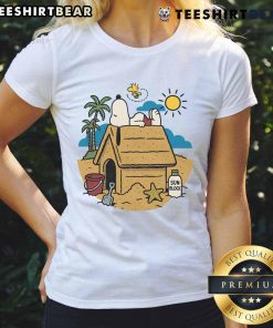 Cute Beach Mode Activated Snoopy and Woodstock graphic on ladies tee, perfect for summer fun and casual style.