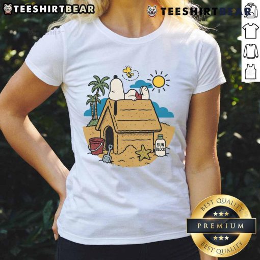 Cute Beach Mode Activated Snoopy and Woodstock graphic on ladies tee, perfect for summer fun and casual style.