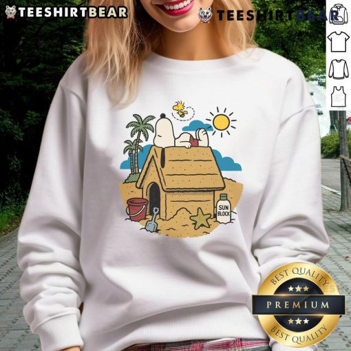 Alt Text: Cute Snoopy and Woodstock graphic on a beach-themed sweatshirt, perfect for summer vibes and casual wear.