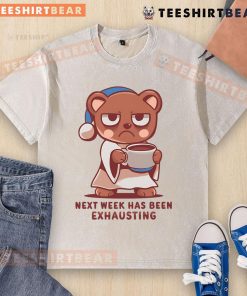 Cute bear wearing a washed t-shirt, looking exhausted after a busy week of fun activities and adventures.