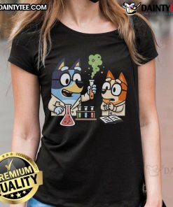 Cute Bluey chemical reaction ladies tee featuring vibrant colors and playful designs for science enthusiasts.