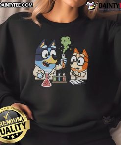Adorable Bluey-themed sweatshirt featuring a fun chemical reaction design, perfect for fans and science lovers.