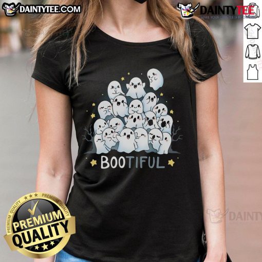 Cute Bootiful Beautiful Ghost Halloween Ladies Tee featuring a whimsical ghost design perfect for Halloween celebrations.