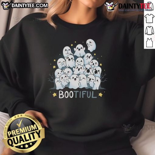 Cute Bootiful Beautiful Ghost Halloween Sweatshirt featuring a whimsical ghost design perfect for spooky season.
