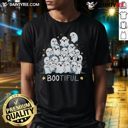 Alt Text: Cute Bootiful Beautiful Ghost Halloween T-Shirt featuring a playful ghost design, perfect for Halloween festivities.