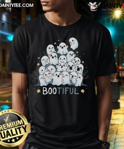 Alt Text: Cute Bootiful Beautiful Ghost Halloween T-Shirt featuring a playful ghost design, perfect for Halloween festivities.