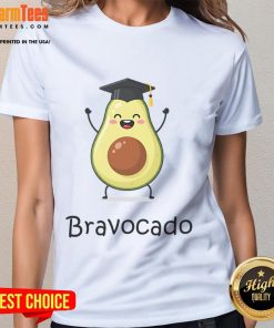 Adorable Cute Bravocado avocado character celebrating graduation on a ladies tee, perfect for graduation gifts.