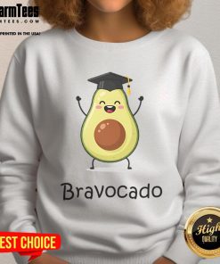 Adorable Cute Bravocado avocado wearing a graduation cap on a cozy sweatshirt, perfect for celebrating achievements.