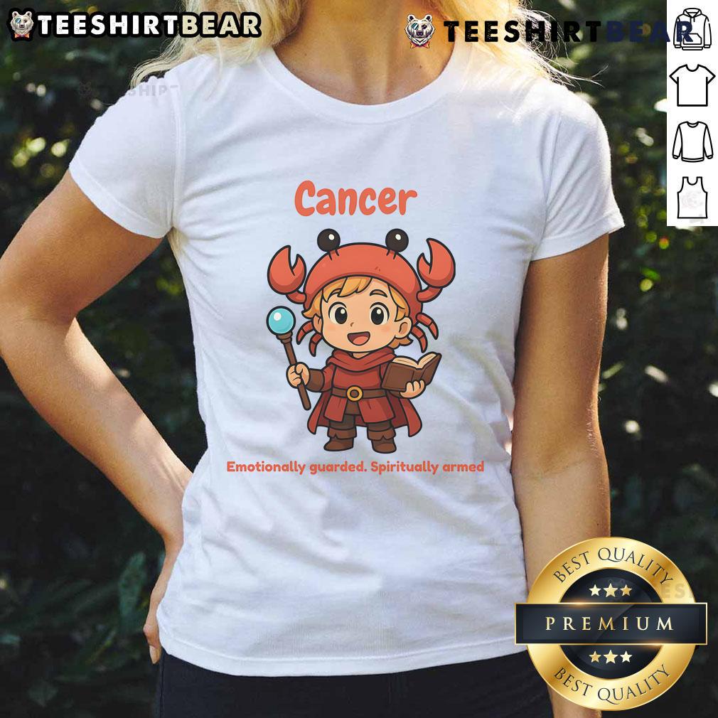 Cute Cancer The Wizard Emotionally Guarded Spiritually Armed Ladies Tee Alt Text: Cute Cancer the Wizard tee for emotionally guarded and spiritually armed ladies, featuring a whimsical design.