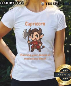 Cute Capricorn tee featuring a playful design of a Capricorn planning your demise in detail, perfect for astrology lovers.