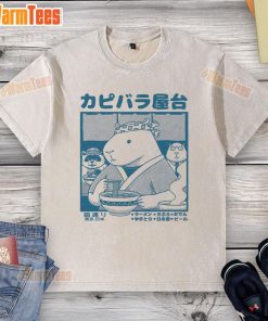 Cute capybara food cart design on a washed t-shirt, perfect for animal lovers and casual wear.
