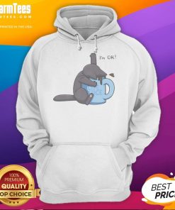 Cute cat peeking out of a coffee cup while wearing an I'm OK hoodie, showcasing adorable pet fashion.