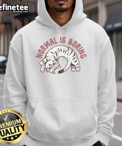 Adorable cat wearing a 'Normal is So Boring' hoodie, showcasing a trendy and playful feline fashion style.