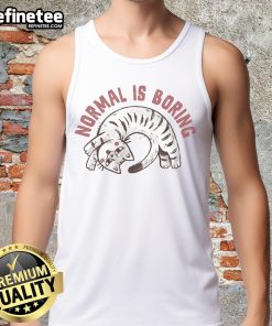 Cute cat graphic on a tank top with the phrase Normal Is So Boring, perfect for casual and fun fashion lovers.