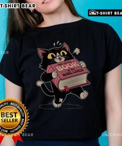 Cute cat graphic on 'The Little Book of My Nine Lives' ladies tee, perfect for cat lovers and stylish outfits.