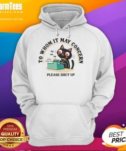 Cute cat wearing a 'Please Shut Up' hoodie, perfect for cat lovers seeking cozy, humorous apparel.