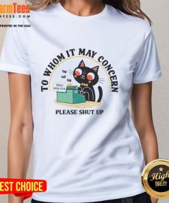 Cute cat graphic on a Shut Up ladies tee, perfect for cat lovers and humorous fashion enthusiasts.