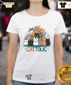 Cute Catholic Cats Ladies Tee featuring playful cat graphics and vibrant colors, perfect for cat lovers and casual wear.