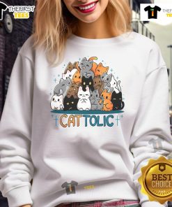 Alt Text: Adorable Cattolic Cats sweatshirt featuring playful cat designs, perfect for cat lovers and cozy fashion.