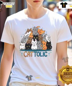 Cute Cattolic Cats T-Shirt featuring playful cat graphics in vibrant colors, perfect for feline lovers.