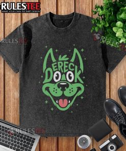 Cute Derek Dook dog wearing a washed t-shirt, showcasing playful charm and adorable personality in a sunny outdoor setting.