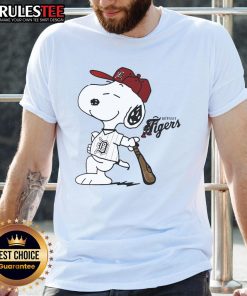 Alt Text: Cute Detroit Tigers Collab Snoopy 2025 Baseball T-Shirt featuring Snoopy in Tigers gear, perfect for fans and collectors.