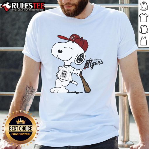 Alt Text: Cute Detroit Tigers Collab Snoopy 2025 Baseball T-Shirt featuring Snoopy in Tigers gear, perfect for fans and collectors.