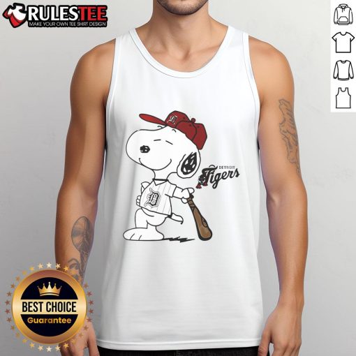 Cute Detroit Tigers collab Snoopy 2025 baseball tank top featuring vibrant graphics for fans and summer wear.