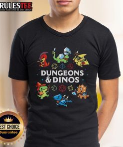 Alt Text: Cute Dungeons and Dinos T-Shirt featuring colorful dinosaur graphics and playful dungeon-themed designs.