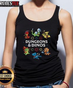 Adorable Cute Dungeons and Dinos tank top featuring vibrant graphics of dinosaurs and fantasy elements for casual wear.
